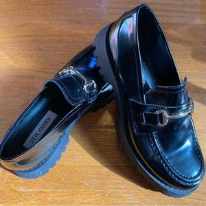 black patent leather chunky loafers
